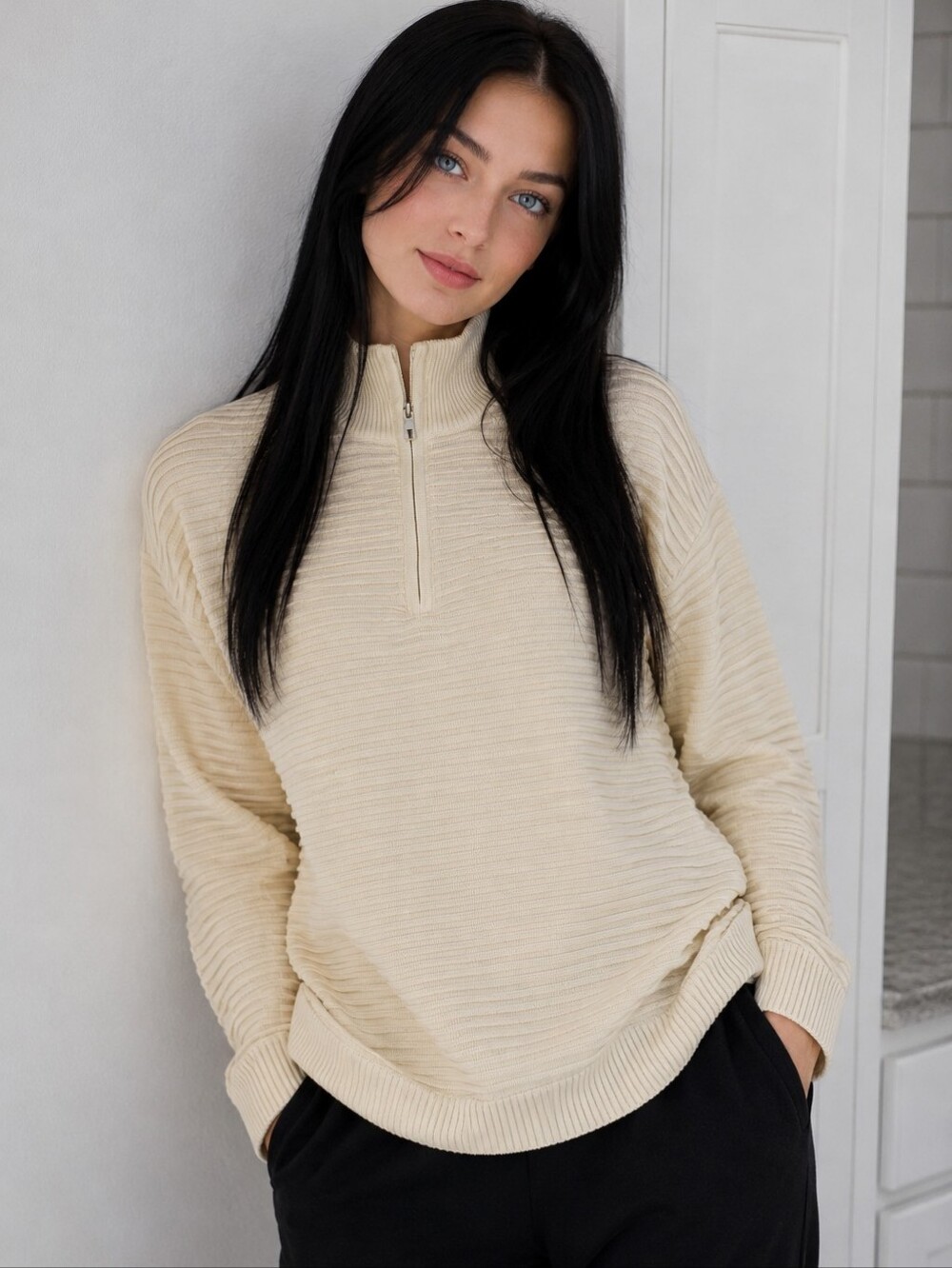 NWT Krush Kandy Boutique Neutral Ribbed 1/4 Zip Sweater Size M | Quiet Luxury